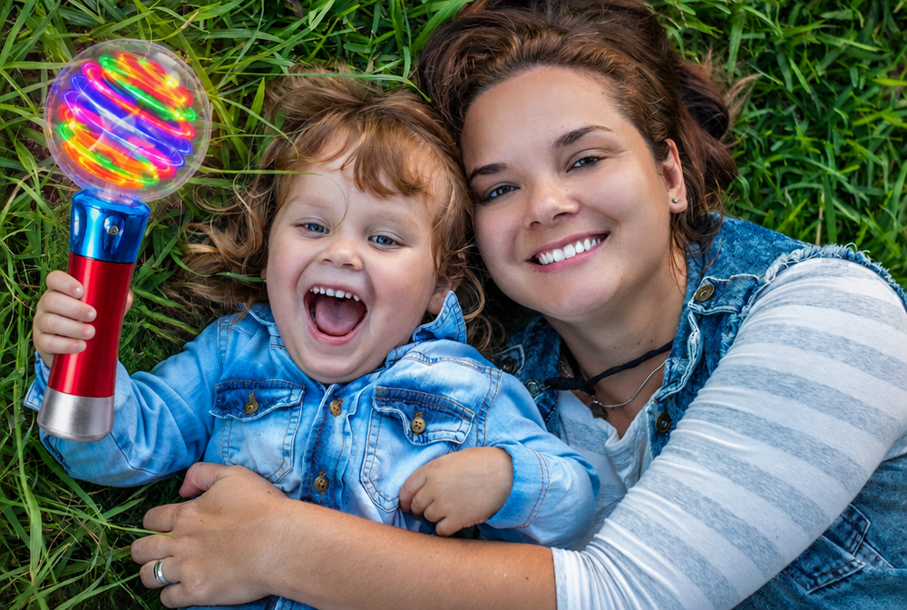 Family photo edited to show the Mimsy Glow & Spin Sensory Wand