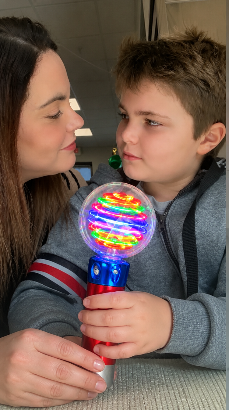 Family photo edited to show the Mimsy Glow & Spin Sensory Wand