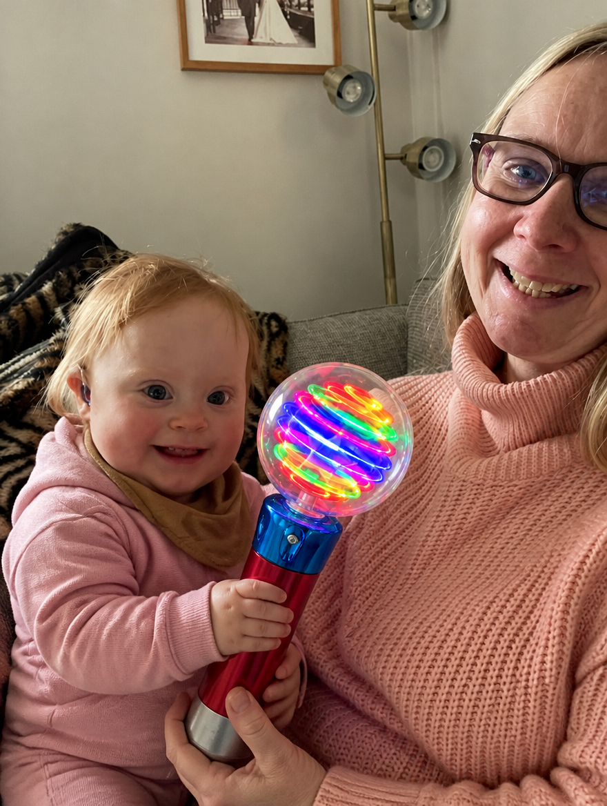 Family photo edited to show the Mimsy Glow & Spin Sensory Wand