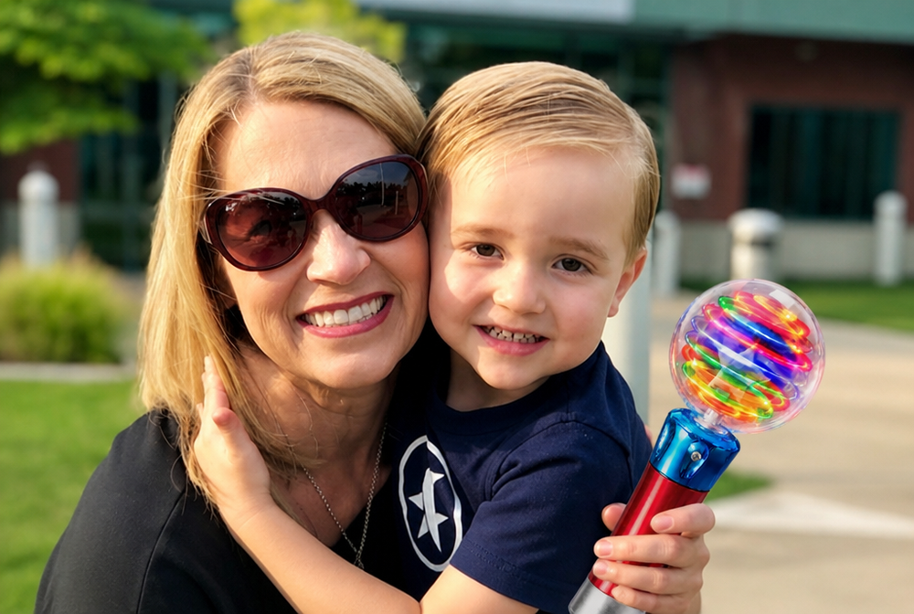 Family photo edited to show the Mimsy Glow & Spin Sensory Wand