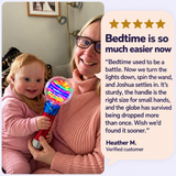 Heather M.’s five-star review, Verified customer: Bedtime used to be a battle. Now we turn the lights down, spin the wand, and Joshua settles in. It’s sturdy, the handle is the right size for small hands, and the globe has survived being dropped more than once. Wish we’d found it sooner.