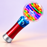 Mimsy Glow & Spin Sensory Wand with a red handle, blue collar and colorful lights inside a clear globe.